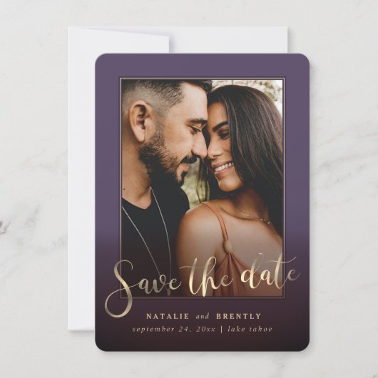 Donkere Paarse Gold Script en marmer Photo Overlay Save The Date (Voorkant)