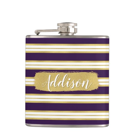 Donkere Paarse Gold Stripe Pattern - Aangepaste na Heupfles (Voorkant)