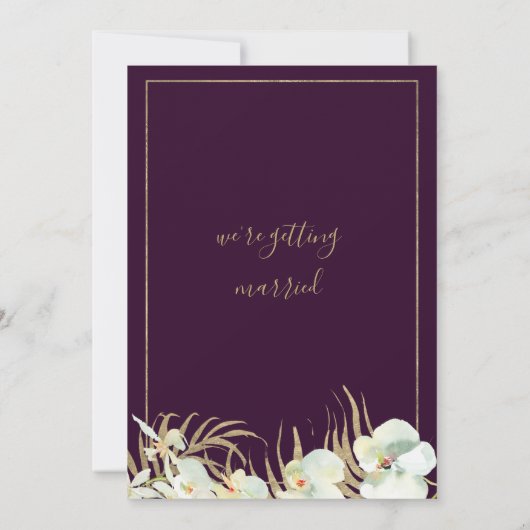 Donkere paarse goudbruine orchidee bruiloft kaart (Achterkant)