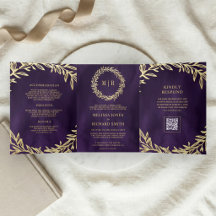 Donkere Paarse Gouden Blad Tak QR Code Trouwen