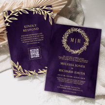 Donkere Paarse Gouden Blad Tak QR Code Trouwen