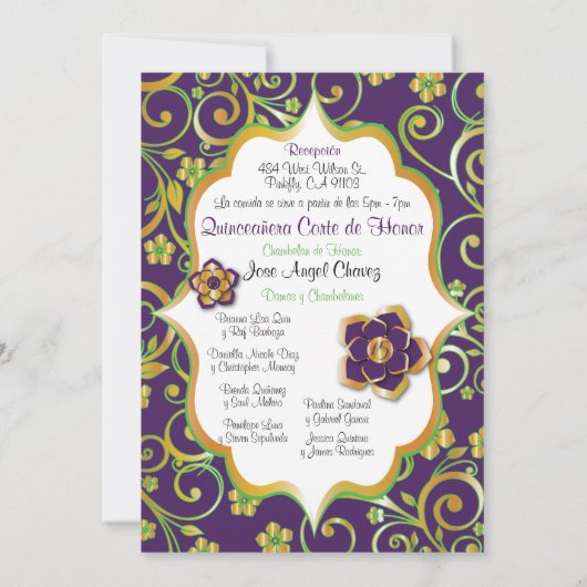 Donkere Paarse, groene en gouden Spaanse Quinceañe Kaart (Achterkant)