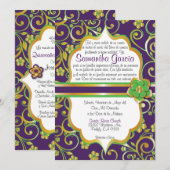 Donkere Paarse, groene en gouden Spaanse Quinceañe Kaart (Voorkant / Achterkant)