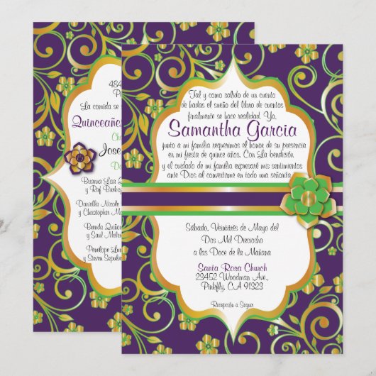 Donkere Paarse, groene en gouden Spaanse Quinceañe Kaart (Voorkant / Achterkant)