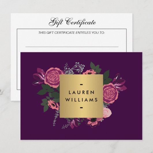 Donkere Paarse , moderne Floral Cadeat Certificate (Voorkant / Achterkant)
