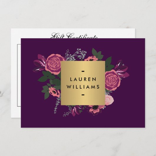 Donkere Paarse , moderne Floral Cadeat Certificate (Voorkant / Achterkant)