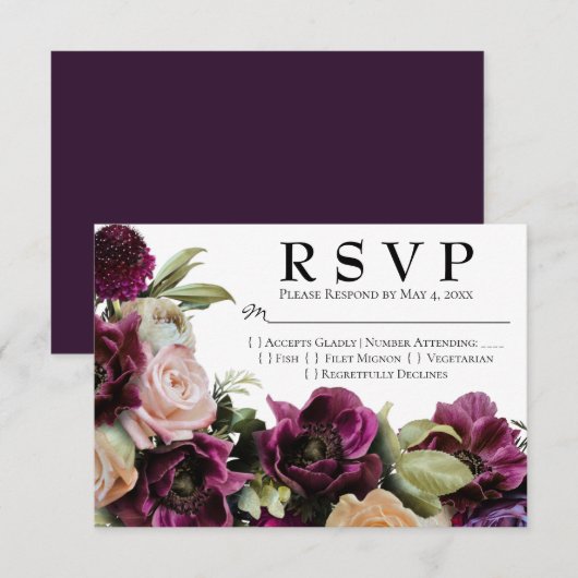 Donkere Paarse Moody  Floral Wedding RSVP Kaart (Voorkant / Achterkant)