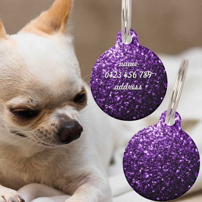Donkere Paarse nevel met glanzend glitter vonk per Huisdierpenning (Dark Purple faux shiny glitter sparkle Personalized text Pet Tag)