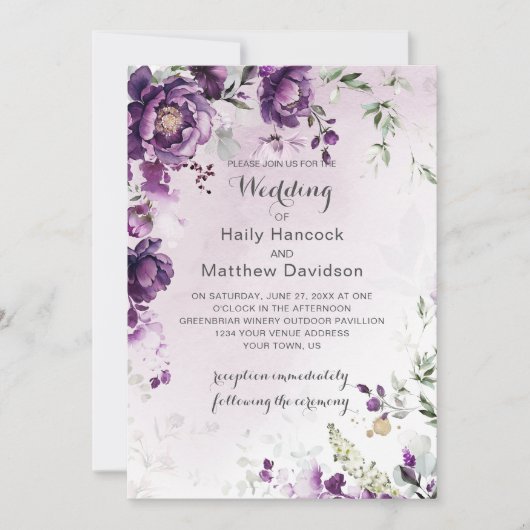 Donkere Paarse pioenen bruiloft uitnodiging (Voorkant)