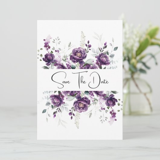Donkere Paarse Plum Pioenen Bewaar de Datum Save The Date (Staand voorkant)