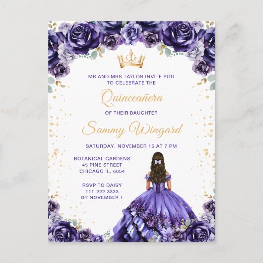 Donkere Paarse Princess Floral Quinceañera Briefkaart (Voorkant)