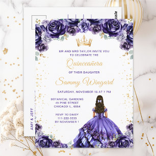 Donkere Paarse Princess Floral Quinceañera Briefkaart