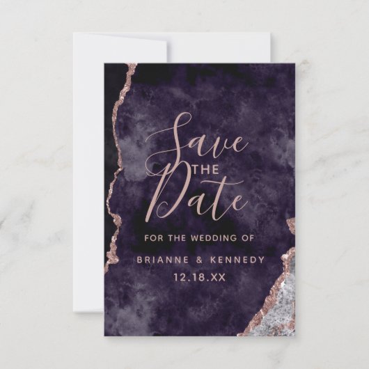 Donkere Paarse Roos Gold Agate Marble Foto op Teru Save The Date (Voorkant)