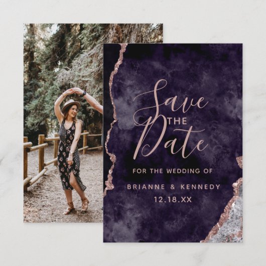 Donkere Paarse Roos Gold Agate Marble Foto op Teru Save The Date (Voorkant / Achterkant)