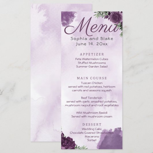 Donkere Paarse Rozen Bloemen Gotische bruiloft Menu (Voorkant / Achterkant)