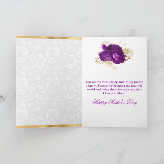 Donkere Paarse Rozen en goudglitter-Moederdag Kaart (Binnen)