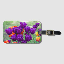 Donkere paarse tulpen op een zonnige dag in de tui bagagelabel