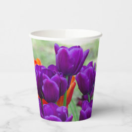 Donkere paarse tulpen op een zonnige dag in de tui papieren bekers
