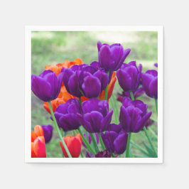 Donkere paarse tulpen op een zonnige dag in de tui servet