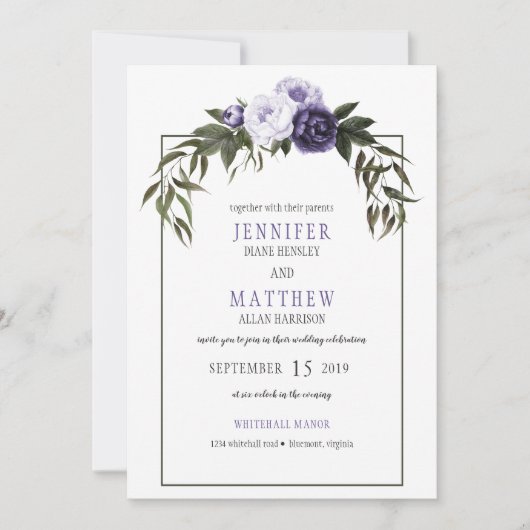 Donkere Paarse Violet Peonies Waterverf bruiloft Kaart (Voorkant)