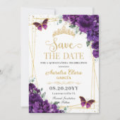 Donkere Paarse Vlinders Goud Quinceanera Sweet 16 Save The Date (Voorkant)