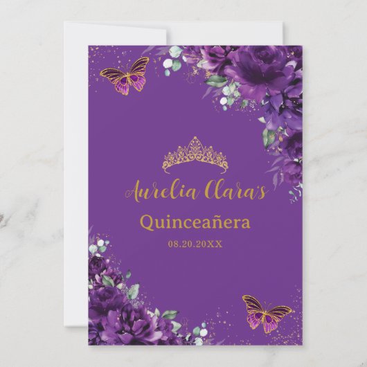 Donkere Paarse Vlinders Goud Quinceanera Sweet 16 Save The Date (Achterkant)