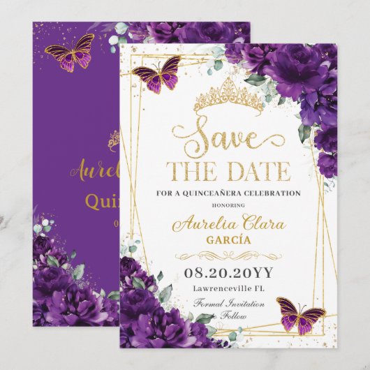 Donkere Paarse Vlinders Goud Quinceanera Sweet 16 Save The Date (Voorkant / Achterkant)