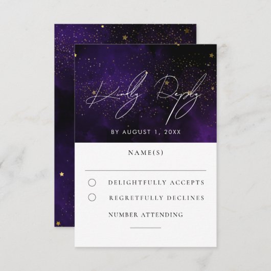 Donkere Paarse Waterverf Magical Gold Wedding RSVP (Voorkant / Achterkant)