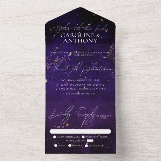 Donkere Paarse Waterverf Zwarte Magische Gold Wedd All In One Uitnodiging (Binnen)