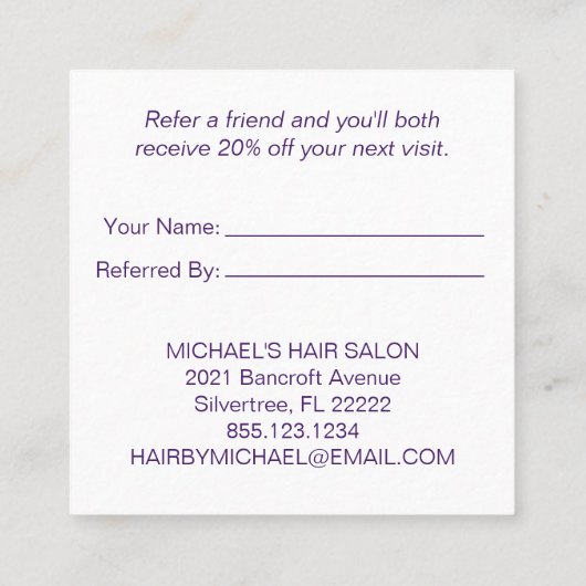 Donkere Paarse  witte Lijst verwijzingskaart Aanbevelingskaartje (Achterkant)