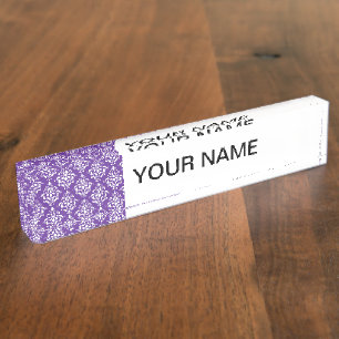 Donkere Paarse witte Vintage Damask Pattern Naambordje