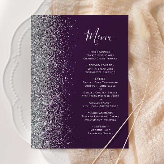 Donkere Paarse zilveren glitter Wedding Menu