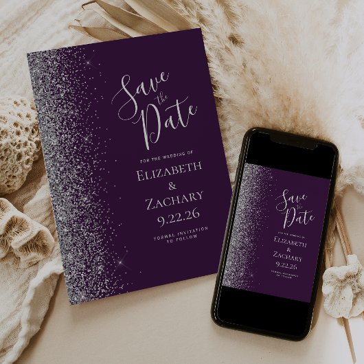 Donkere paarse zilveren glitters Bewaar de datum Aankondiging