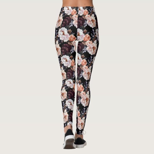 Donkere pioenrozen bloemenpatroon leggings (Achterkant)