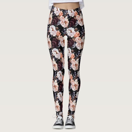 Donkere pioenrozen bloemenpatroon leggings (Voorkant)
