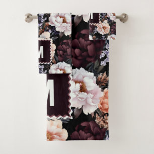 Donkere pioenrozen bloemenpatroon Monogram Bad Handdoek