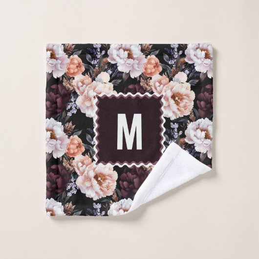 Donkere pioenrozen bloemenpatroon | Monogram Bad Handdoek (Wasdoekje)
