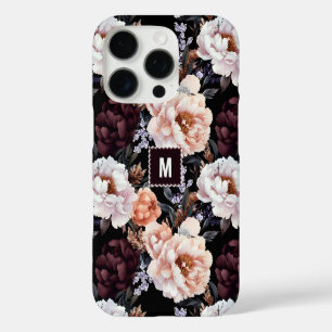 Donkere pioenrozen bloemenpatroon Monogram iPhone 16 Pro Hoesje