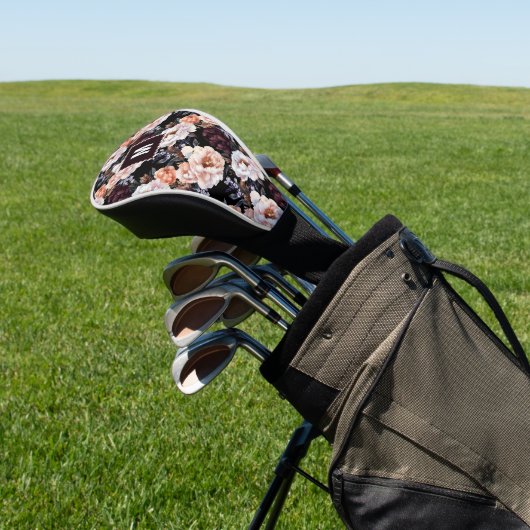 Donkere pioenrozen bloemenpatroon | Monogram Golfheadcover (Insitu)