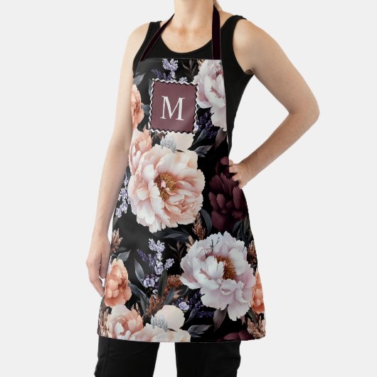 Donkere pioenrozen bloemenpatroon | Monogram Schort (Insitu)