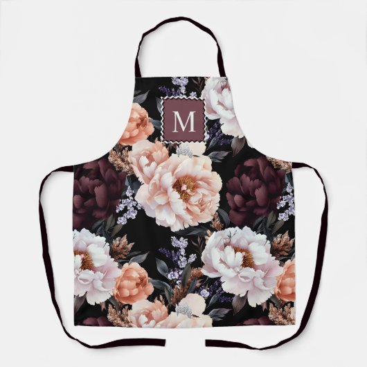 Donkere pioenrozen bloemenpatroon | Monogram Schort (Voorkant)