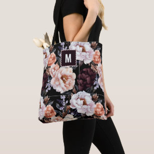 Donkere pioenrozen bloemenpatroon Monogram Tote Bag