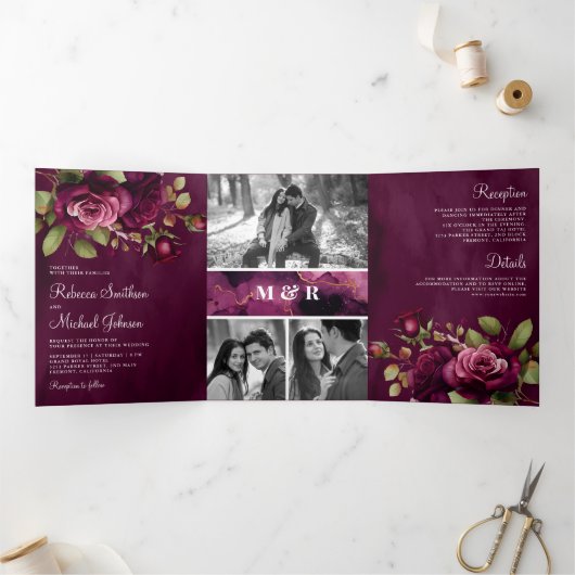 Donkere Pluimroze Rozen Foto Collage Paarse Trouwd Drieluik Uitnodiging (Binnen)