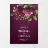 Donkere Pluimroze Rozen Foto Collage Paarse Trouwd Drieluik Uitnodiging (Cover)