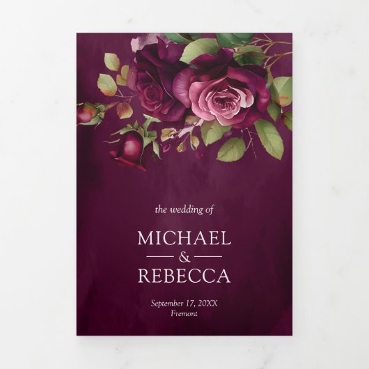 Donkere Pluimroze Rozen Foto Collage Paarse Trouwd Drieluik Uitnodiging (Cover)