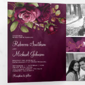 Donkere Pluimroze Rozen Foto Collage Paarse Trouwd Drieluik Uitnodiging (Binnenzijde eerst)