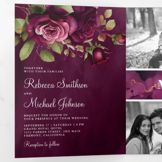 Donkere Pluimroze Rozen Foto Collage Paarse Trouwd Drieluik Uitnodiging (Binnenzijde eerst)