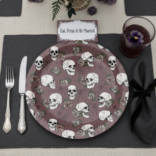Donkere Plum Gotische schedels en Rozen Halloween Papieren Bordje