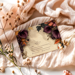 Donkere Plum Herfst Bloemen Huwelijk RSVP Kaartje