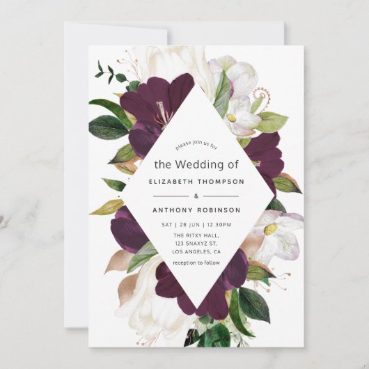 Donkere plum Velvet en White Spring Floral Wedding Kaart (Voorkant)